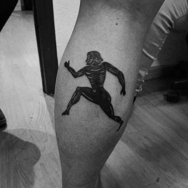 Vintage Black Ink Running Man Fitness Tattoo On Mans Leg Calf