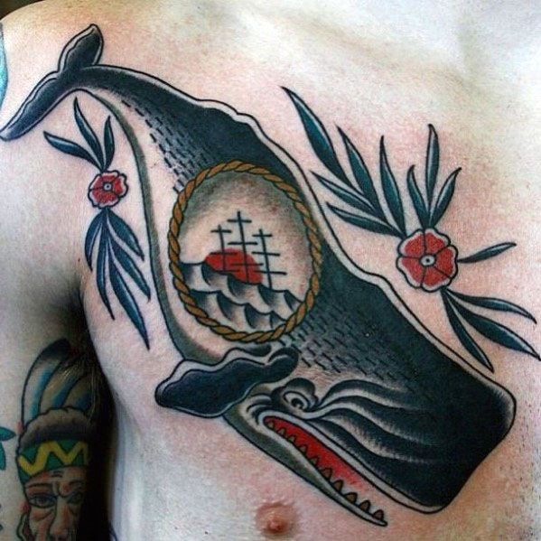Vintage Guys Chest Old School Whale Tattoo Designs