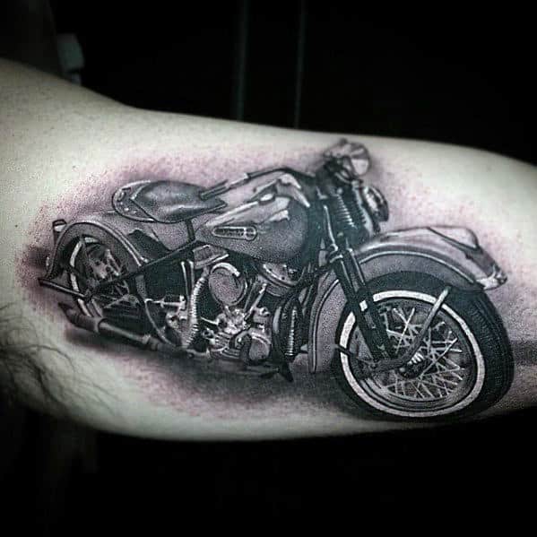 Vintage Motorcycle Hyper Realistic Guys Bicep Tattoo Ideas