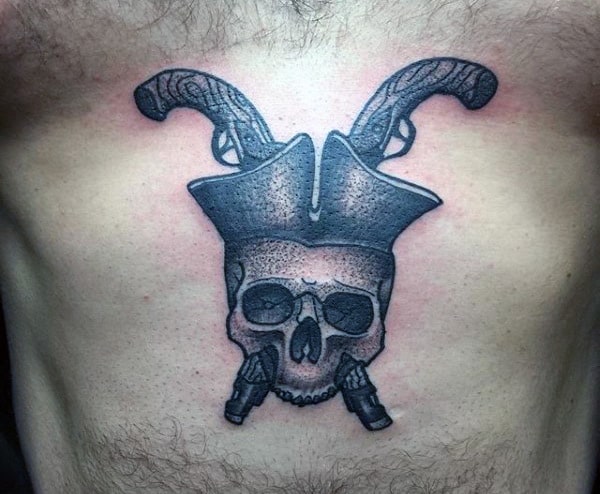 Vintage Pirate Skull Gun Tattoos Men On Chest