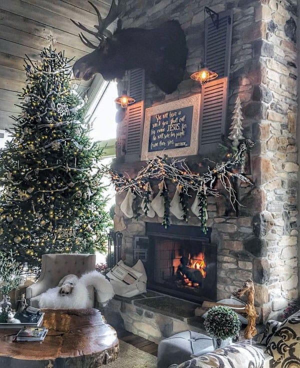 stone fireplace with screen door 