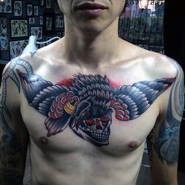 Vintage Traditional Crow And Skull Male Upper Chest Tattoo Designs