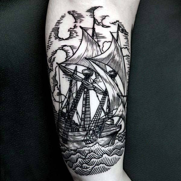 Vintage Woodcut Sailing Ship Guys Tattoos On Arm