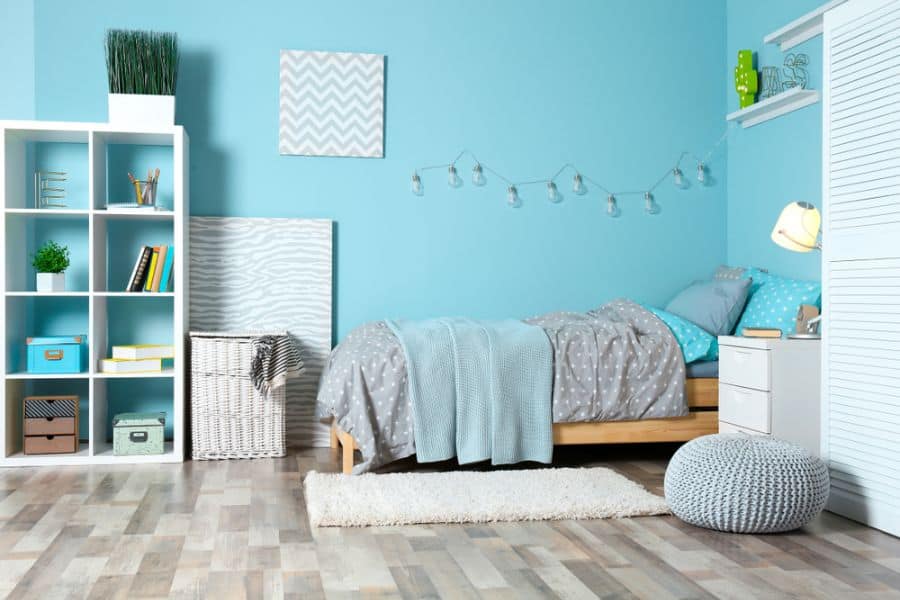 blue kids bedroom vinyl flooring hanging lights