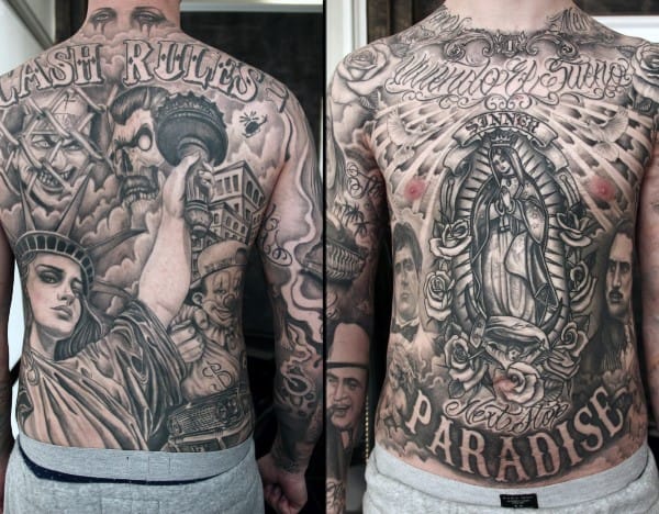 Virgin Mary Chicano Guys Full Chest And Back Tattoos