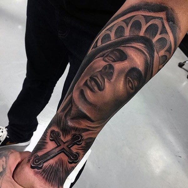 Virgin Mary Cross Forearm Sleeve Tattoos For Gentlemen