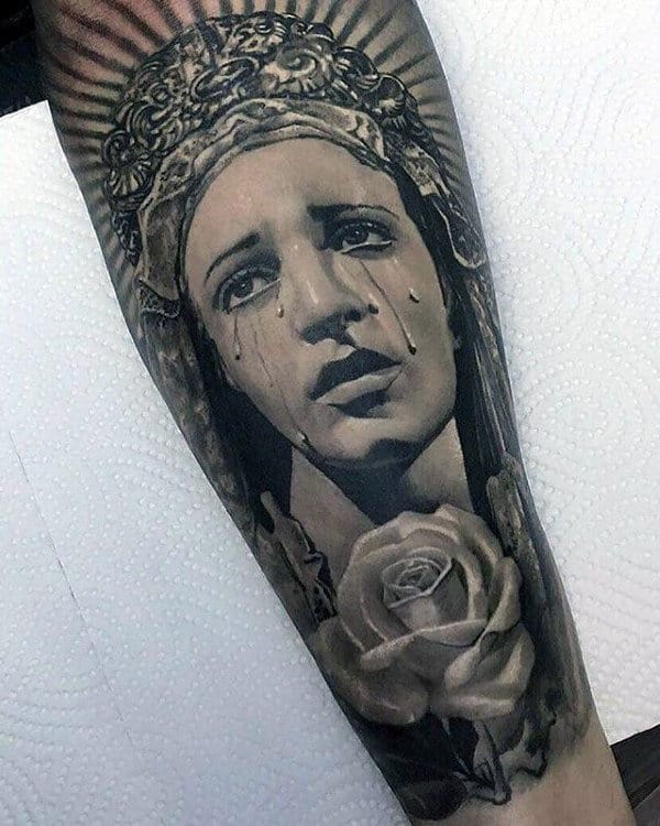 Virgin Mary Crying With Rose Flower Male Forearm Tattoos.