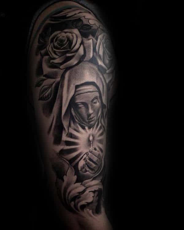 Virgin Mary Half Sleeve Guys Chicano Tattoo Ideas