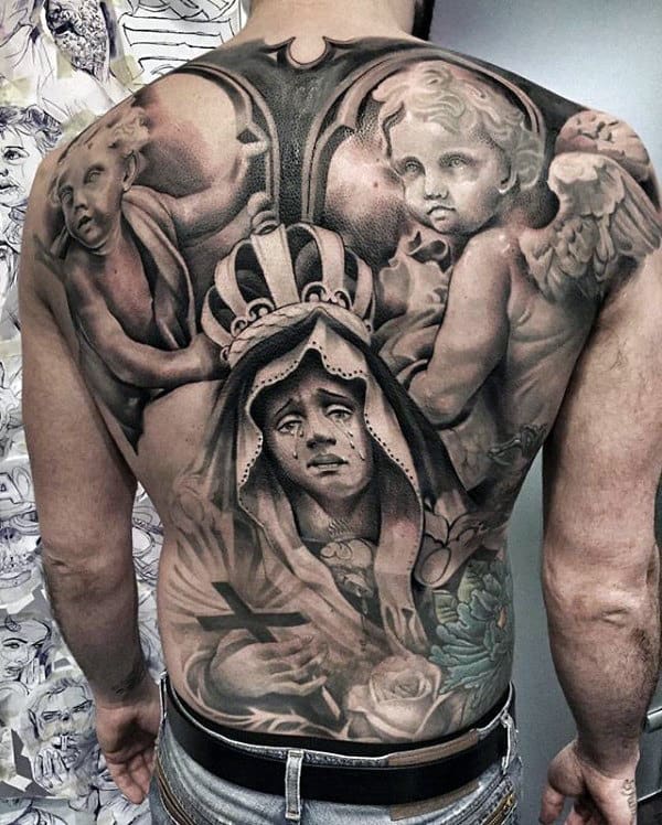 Virgin Mary With Angels Mens Full Back Tattoos