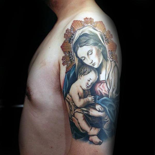 Virgin Mary With Baby Jesus Upper Arm Religious Tattoos For Guys
