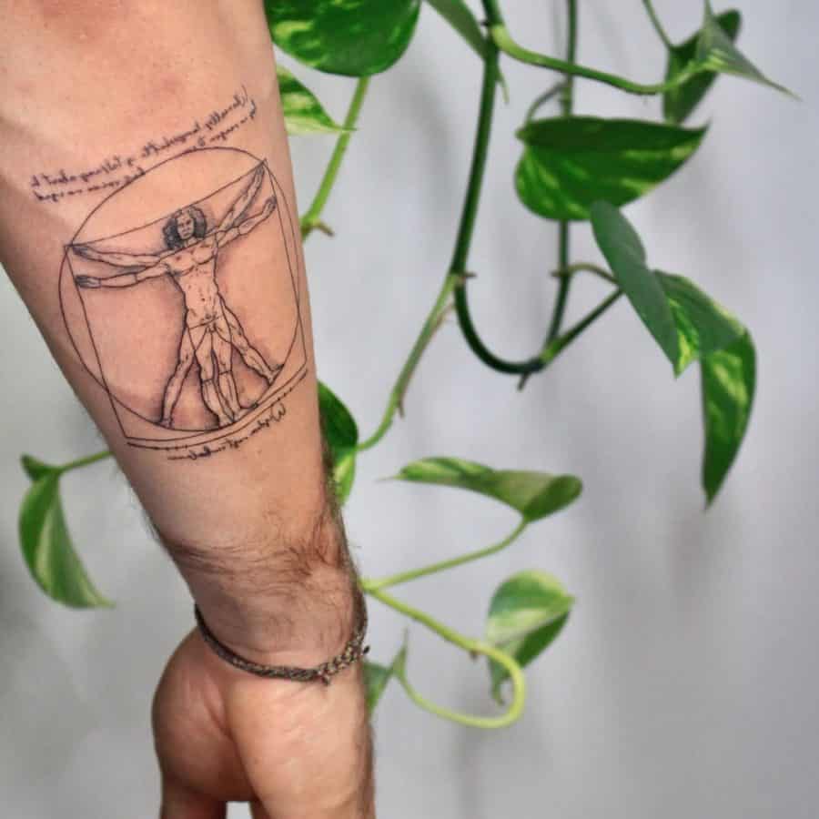 Vitruvian Man With Script Outside Forearm Line Work Geometric Tattoo