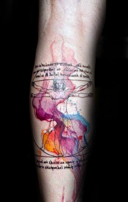 Vitruvian Man With Watercolor Paint Splatter Mens Leg Calf Tattoos