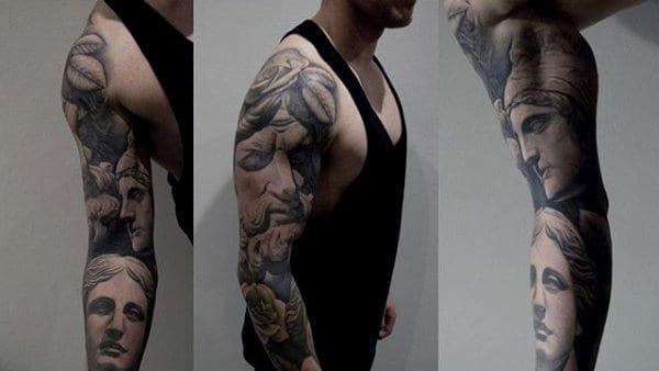 vivid full sleeved greek gods tattoos for guys