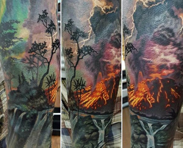 Volcano Lava Waterfall Mens Leeve Tattoo