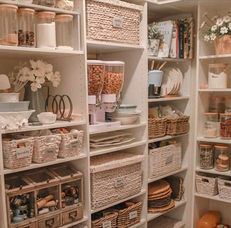 well organized shelving in walk-in pantry