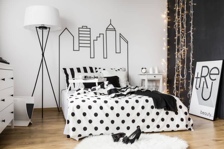 black and white bedroom city skyline wall fairy lights