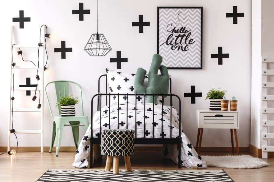 black cross white wall design black bed frame kids bedroom 