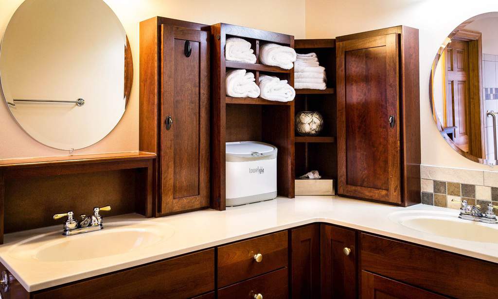 brown cabinets country style bathroom