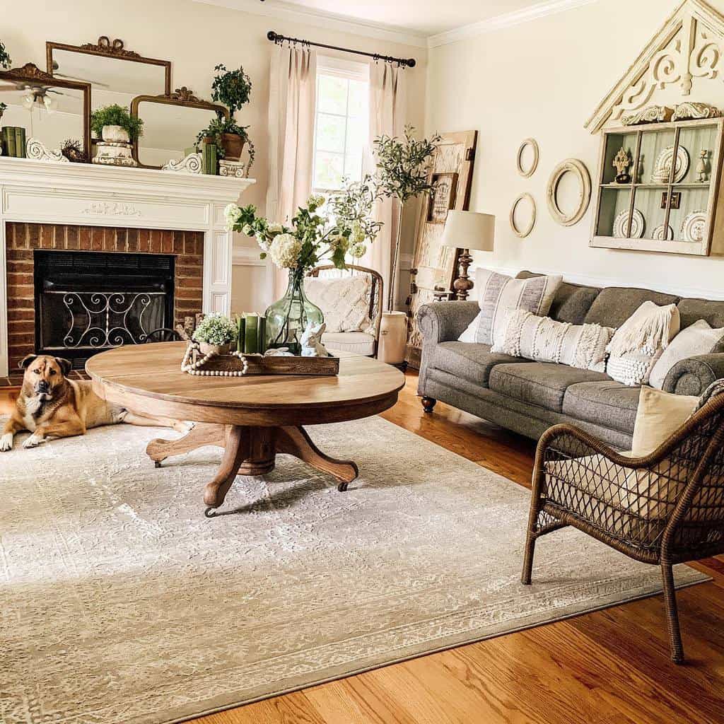 country style living room with gray couch wood coffee table and brick fireplace 