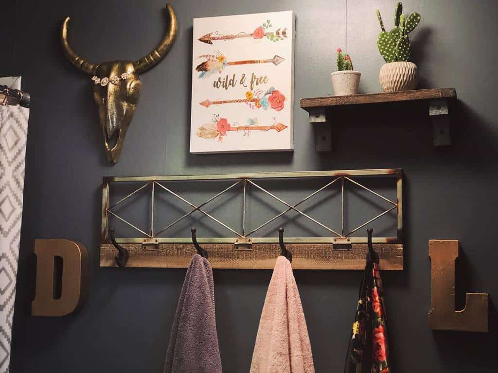 decorative wood towel holder and wood shelf with cactus