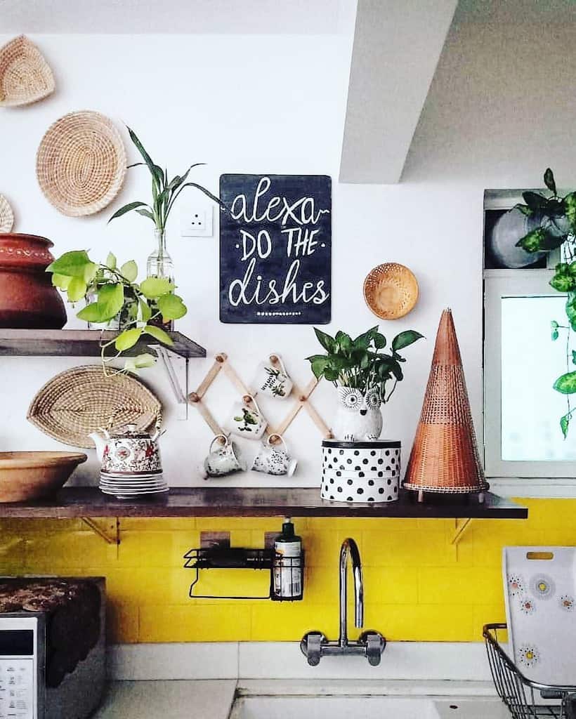 yellow brick backsplash kitchen wall shelf hanging mugs