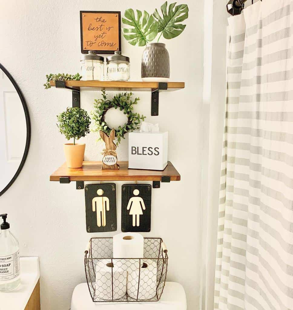 wood bathroom shelves with plants and tissues 