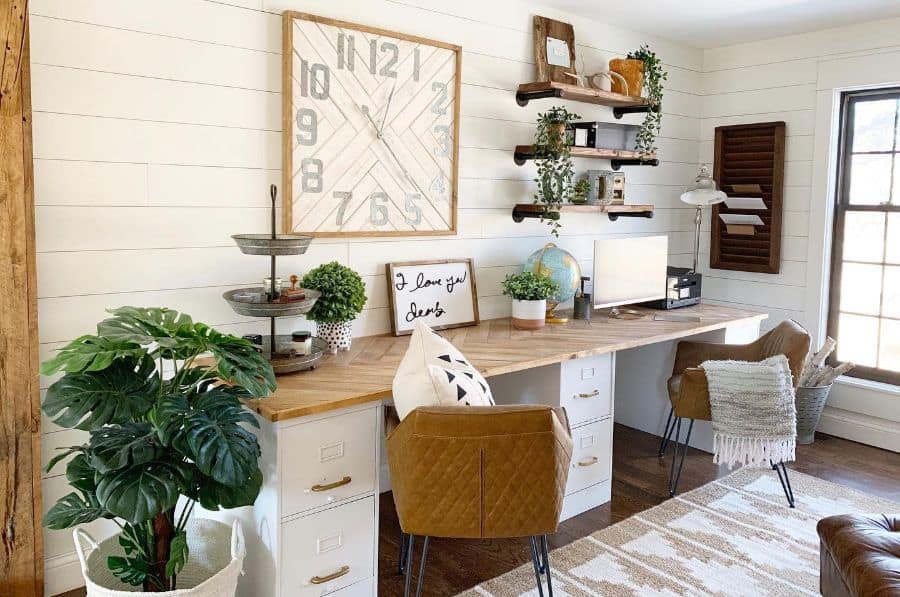 rustic office with shiplap walls and vintage decor 