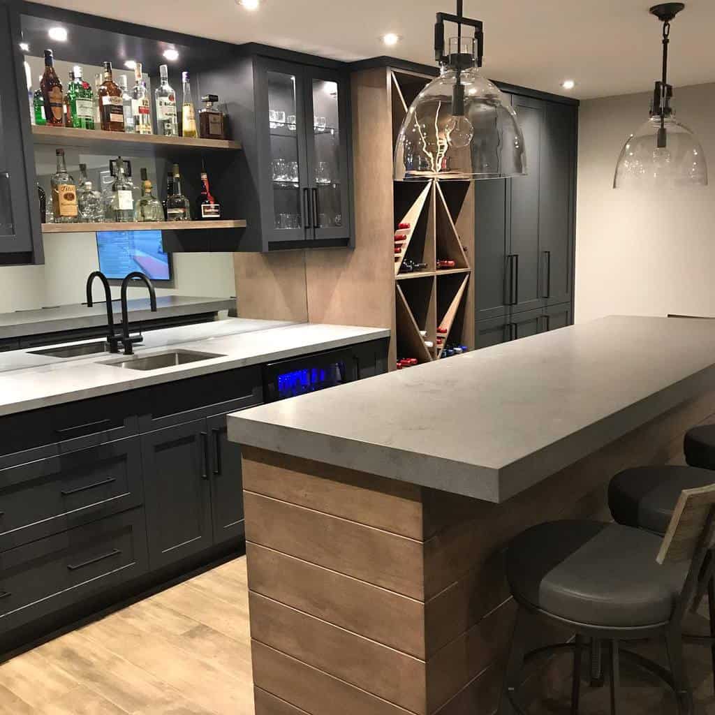 gray wall liquor cabinet wet bar