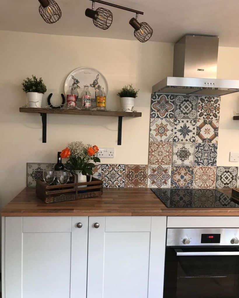 small kitchen white cabinets pattern design backsplash floating wall shelf 