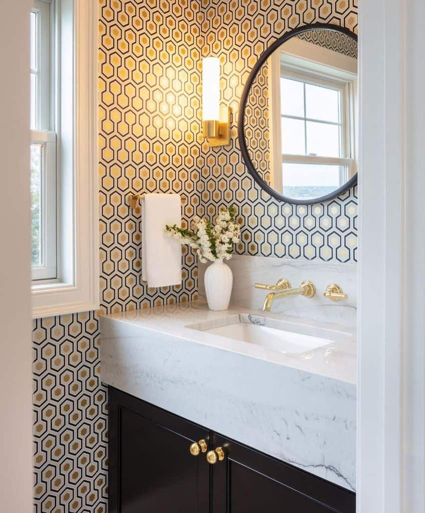 gold pattern wallpaper marble vanity modern bathroom