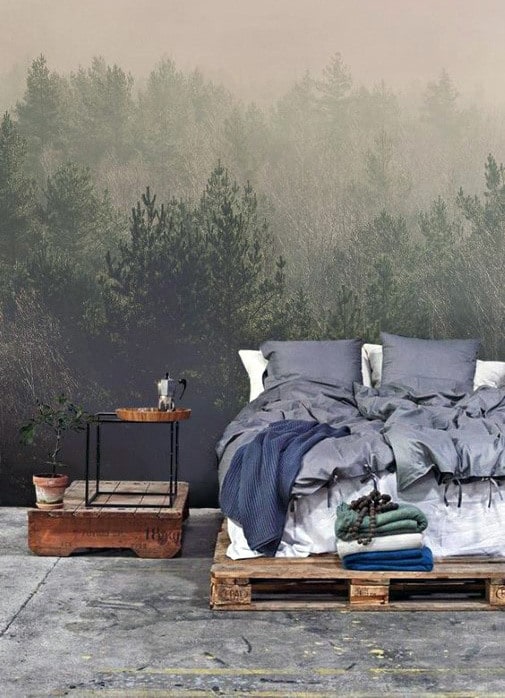 concrete floor bedroom forest wallpaper pallet bed