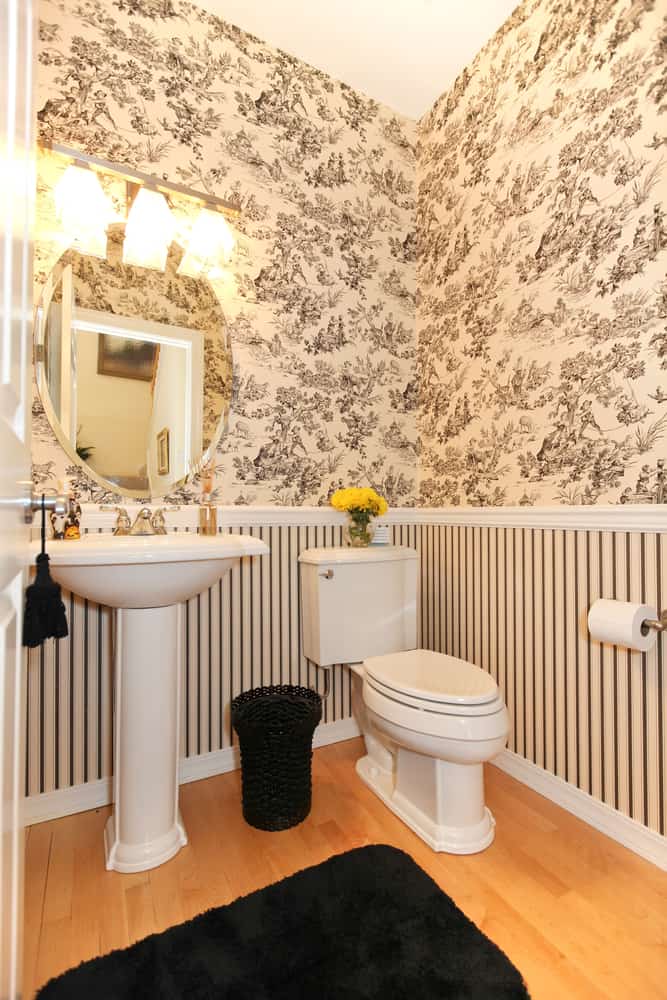 plant wallpaper small powder room with wood vinyl flooring 