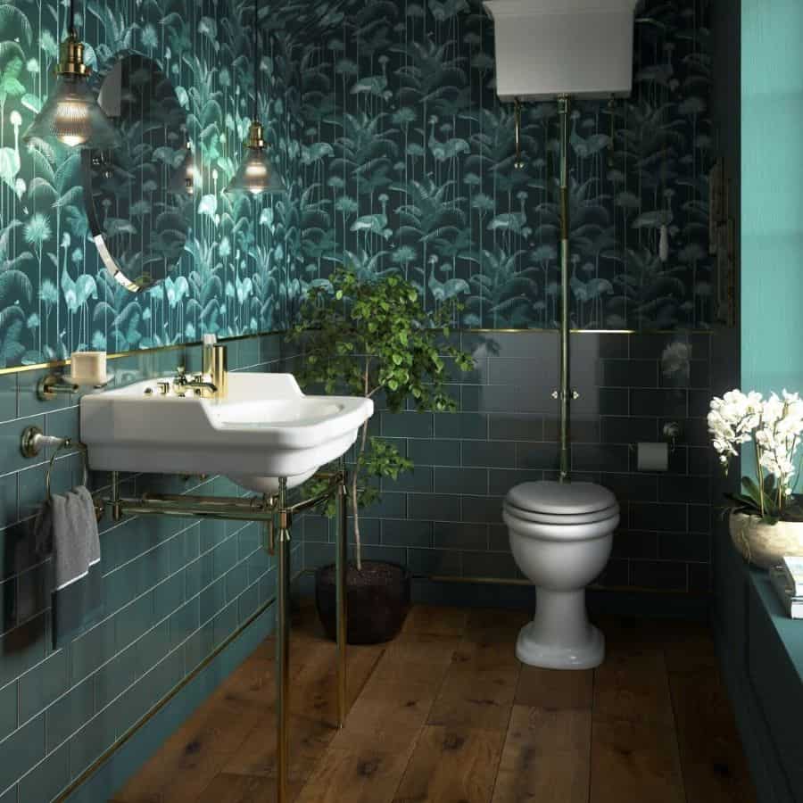 green wallpaper luxury powder room with wood flooring