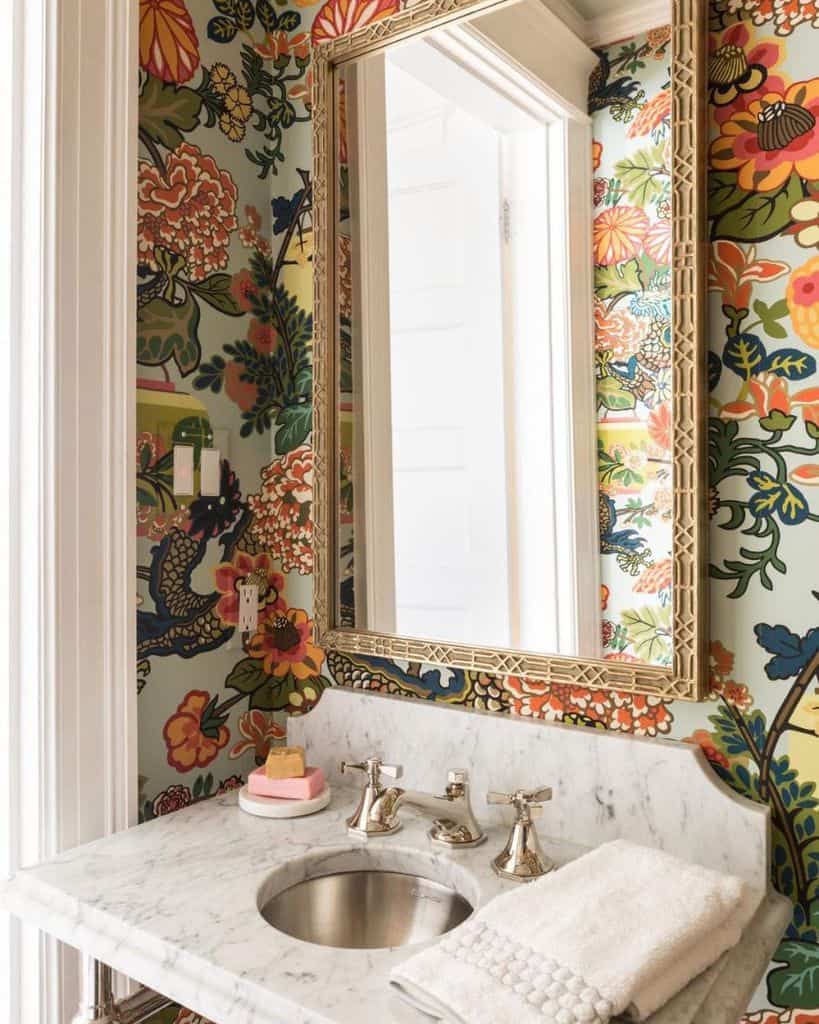 colorful floral wallpaper powder room