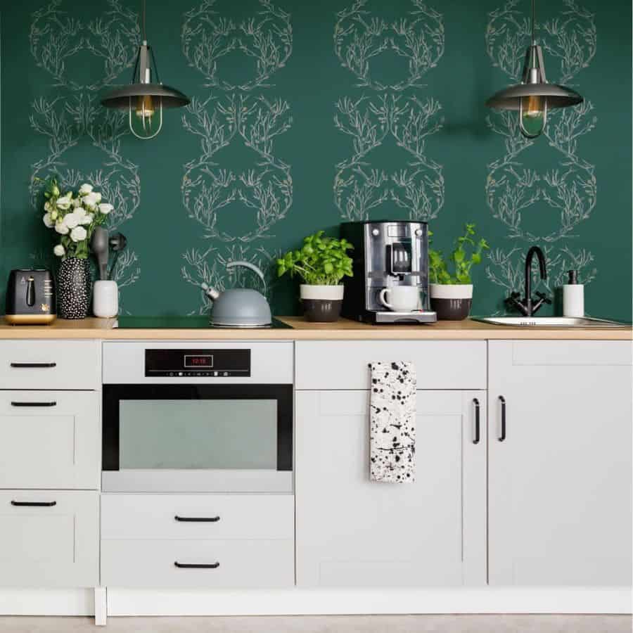 green pattern wallpaper modern kitchen