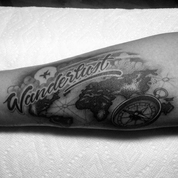 Wanderlust Black And Grey Ink Inner Forearm Tattoos For Males