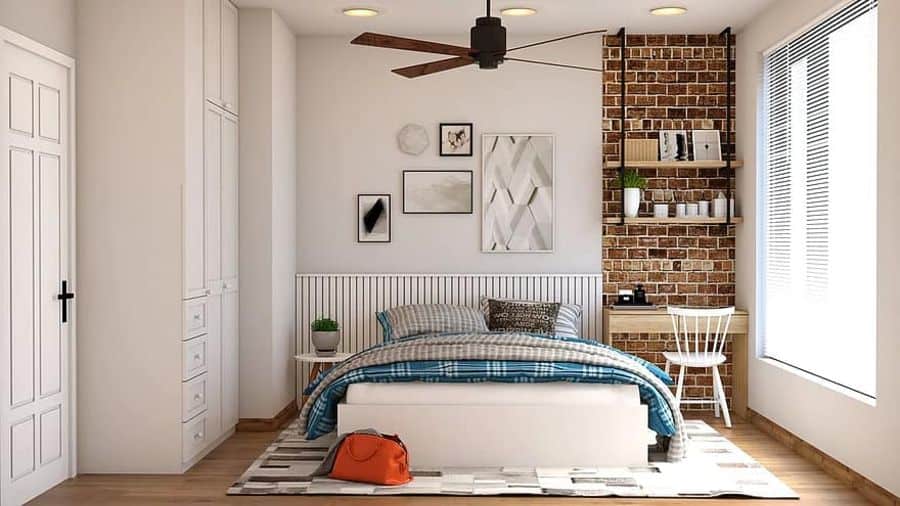 modern bedroom exposed brick wall wood desk