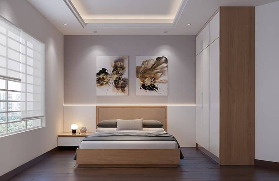 sleek contemporary bedroom white closets abstract wall art