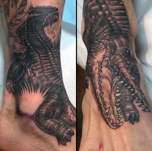 Warrior Alligator Tattoo On Foot For Guys