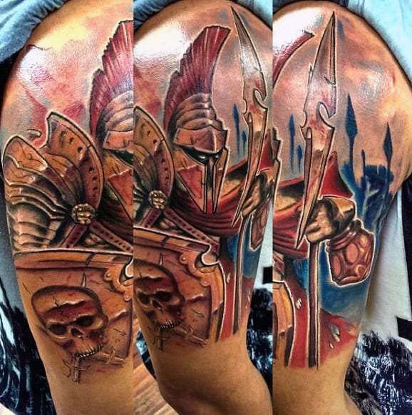 Warrior And Skull Quarter Sleeve Tattoo For Men