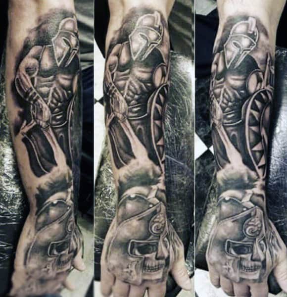 Warrior And Skull With Helmet Tattoo Guys Forearms