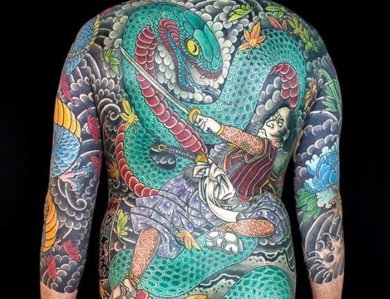 Warrior Battling Snake Japanese Guys Full Back Tattoos