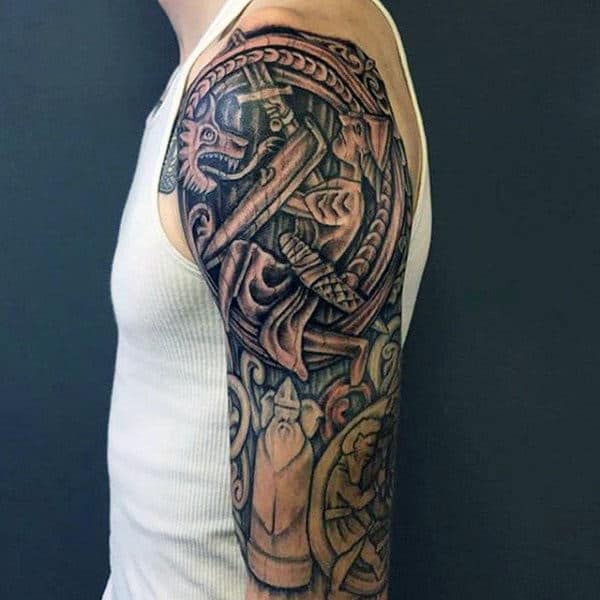 Warrior Fighting Dragon Wood Carving Mens Half Sleeve Tattoos