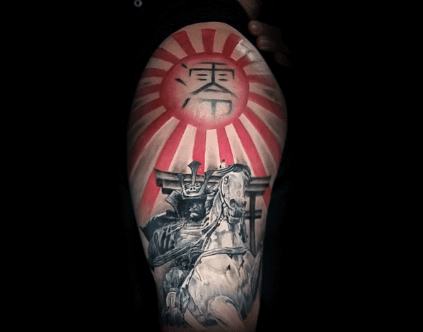Warrior On Horse Mens Rising Sun Half Sleeve Tattoos