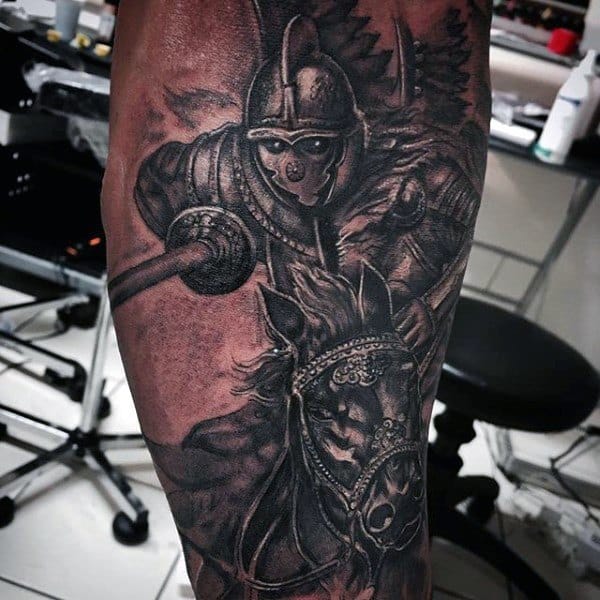 Warrior On Horse With Icy Eyes Tattoo Mens Legs