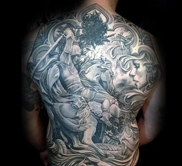Warrior Riding Horse Badass Male Back Tattoo