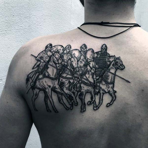 Warriors Riding Horses Woodcut Mens Upper Back Tattoo