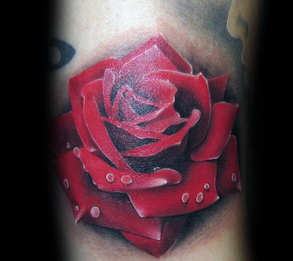Water Droplets On Realistic Red Rose Mens Tattoos