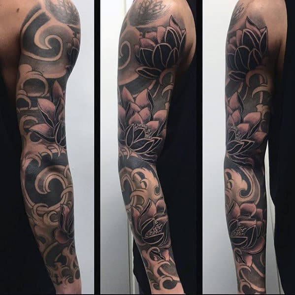 Water Flowers With Waves Male Japanese Sleeve Tattoos