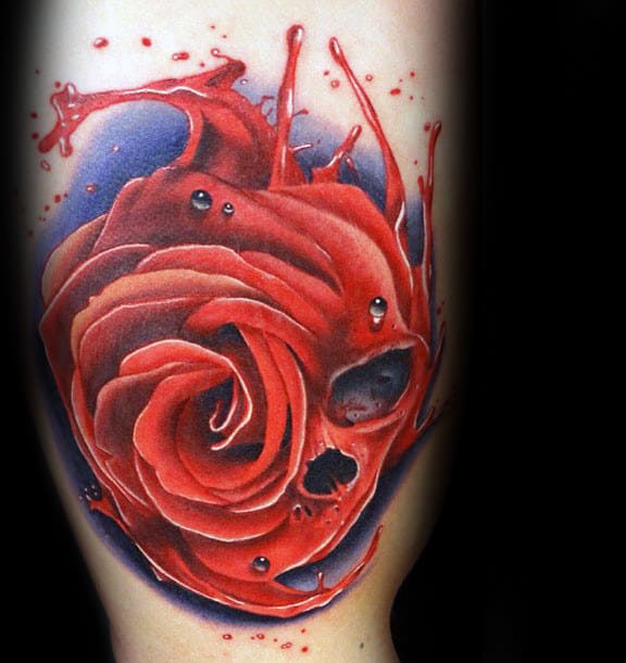 Water Splash Realistic Rose And Skull Mens Arm Tattoo